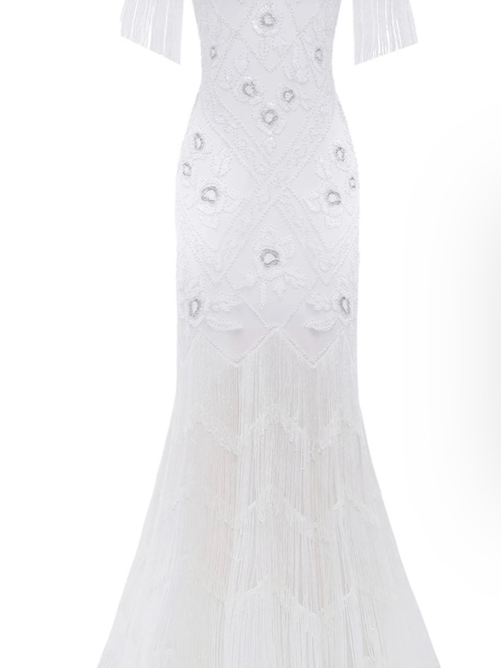 Ivory Beaded Fringe V-Neck Maxi Dress with Floral Appliqué - Picture 4 of 9